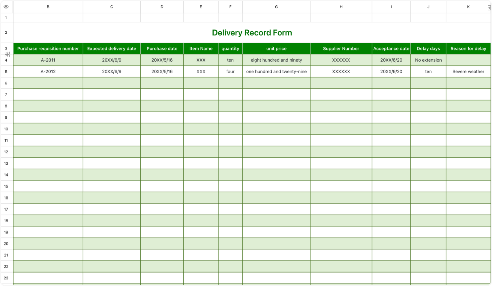 Delivery record table 1